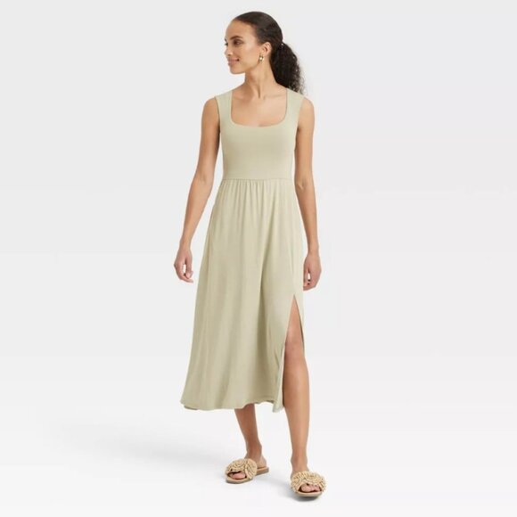 A New Day Sage Olive Green Sleeveless Midi Pockets Slit Dress 3X Butter Soft NWT - Picture 2 of 4